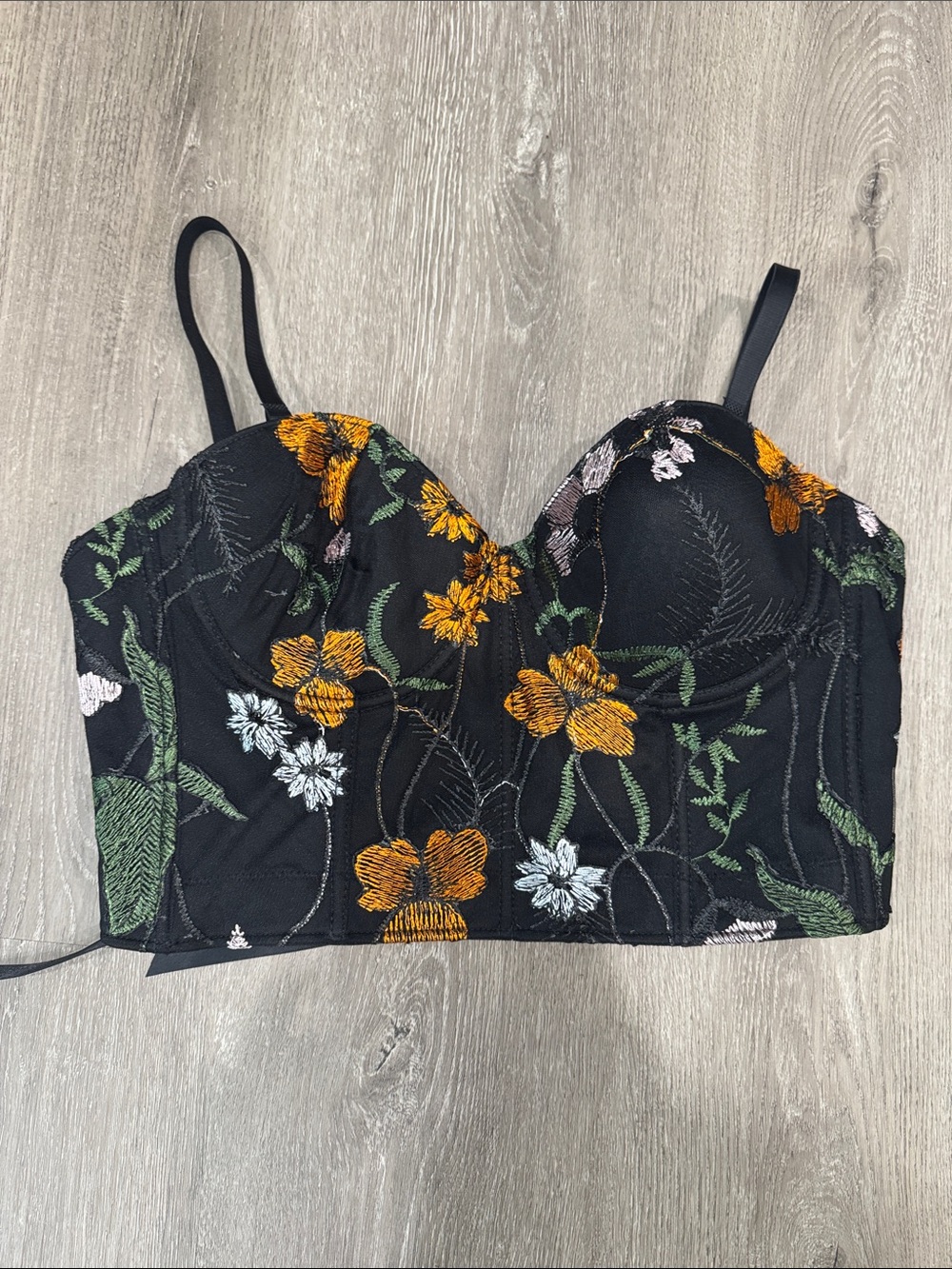 Floral Embroidered Black Bustier Crop Top